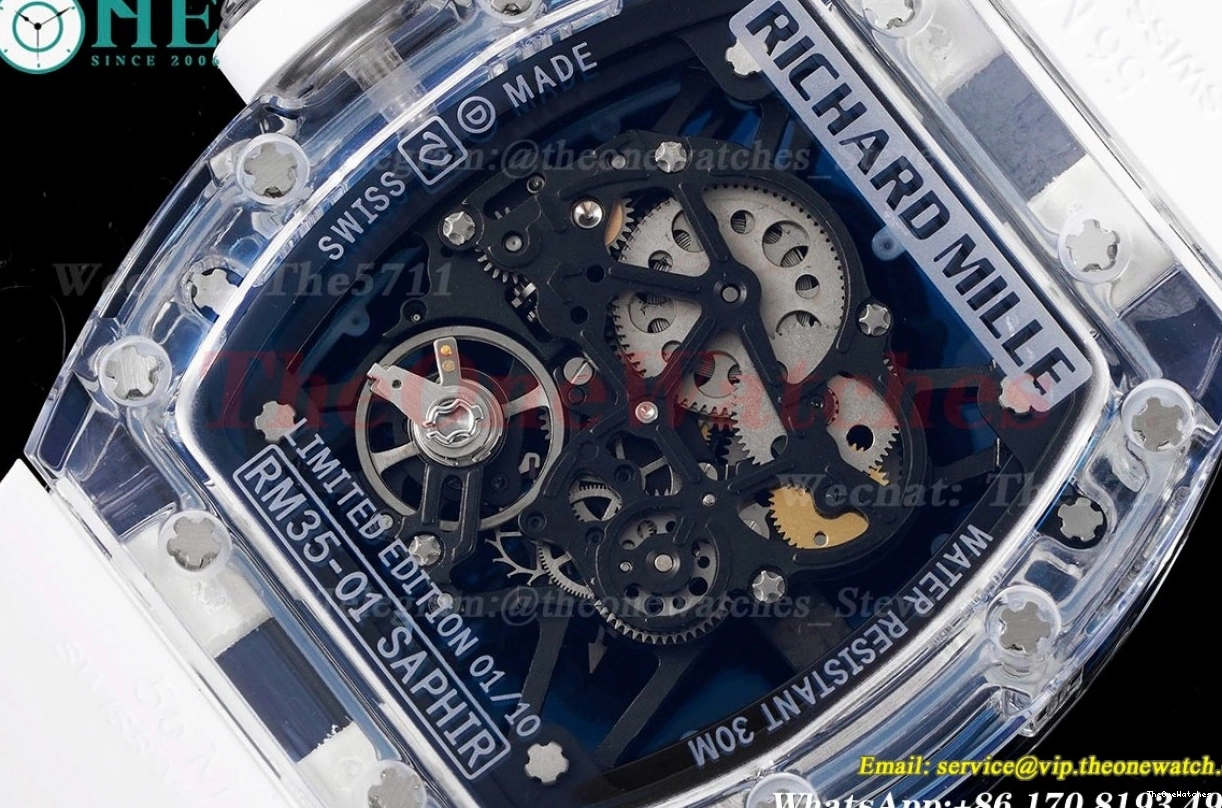 White Blue Rubber With Clone Strap Dial Transparent Skeleton RMSF RM35-01 RMUL2 0127